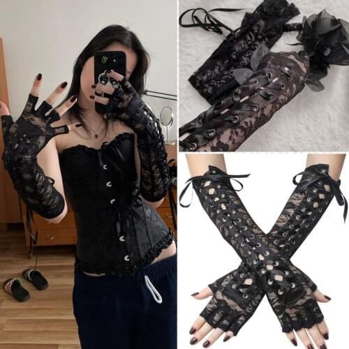 Womens Sexy Elbow Length Punk Fingerless Arm Warmer Goth Black Misa Amane Cosplay Accessories Fishnet Mesh Party LACE Gloves