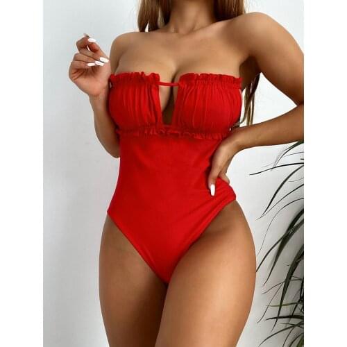 2021 Women Swimsuit Simple Ruffles Bikinis 1 pcs Set High Waist Swimsuit Red Bathing Suit Pad Beach Wear Cheap Bikini Outfits