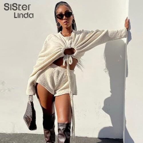 Sisterlinda Casual Hairy Warm Women Two Piece Set Autumn Shirring Bandage Coat Top+Short White Matching Outfits Streetwear Mujer