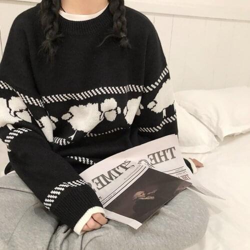 Autumn Winter Sweater Pullover Women Oversize Top Harajuku Round Neck Loose Sweater Streetwear Cartoon Print Casual White Jumper