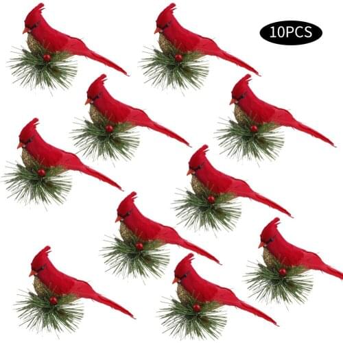 10Pcs Lifelike Cute Cardinal Clip On Xmas Tree Ornaments Festival Decor Red Feathers Artificial Birds Home Accessories