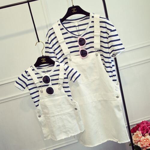 2pcs Mother Daughter Dresses Clothes 2018 Summer 100% Cotton Striped Shirts+ Denim Overalls Family Matching Shirts Clothes