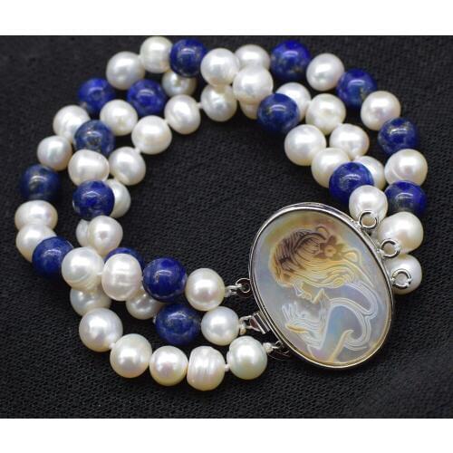3rows blue lapiss and freshwater pearl round 8mm bracelet 7.5inch wholesale beads nature