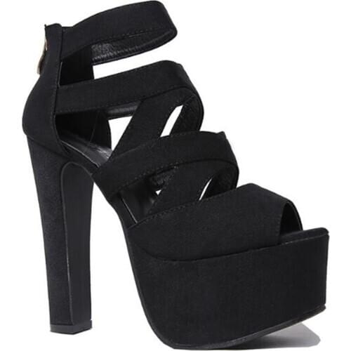 Summer Fashion Platform Women Sandals Waterproof Flock ZIP 15CM Thick High Heels Peep Toe waterproof Party womens shoes black