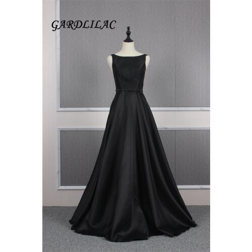 Black Prom Dresses 2019 Long Satin A-Line Evening Dress Long Gown Open Back Party Dresses Robe De Soiree