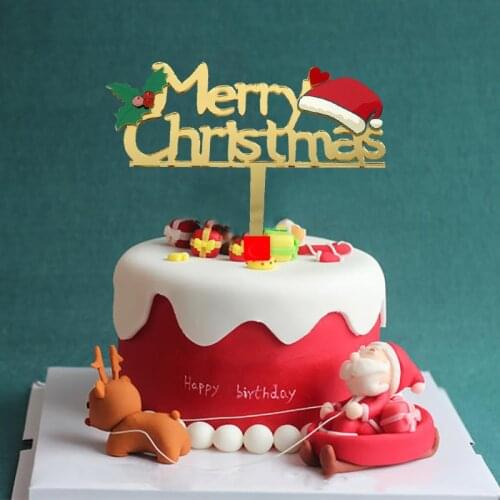 INS Gold 3D Merry Christmas Hat Acrylic Cake Toppers Xmas Cake Toppers Party Decor for Home Christmas Party Cake Decorations