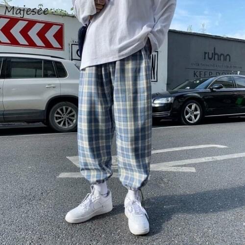 Plaid Casual Pants Men Couples Large Size M-3XL Bundle Drawstring Straight Ankle-length Trousers College Students Elastic Waist