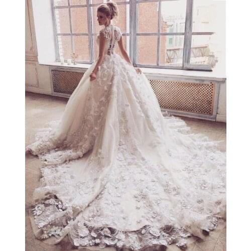 Gy 3D Flower Lace Ball Gowns wedding dresses Crystal Vintage Gorgeous Saudi Arabia Casamento Royal Train Vestido De Noiva