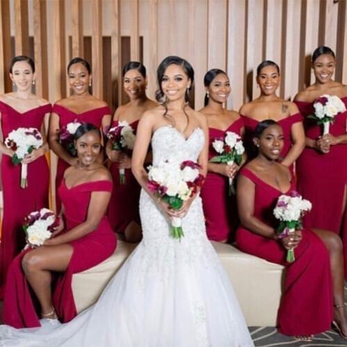 Lamiabridal Off The Shoulder Bridesmaid Dresses Mermaid Style Long Satin Robe De Soiree Burgundy Front Slit Maid Of Honor Dress