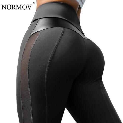 NORMOV Sexy Leather Short Leggings Women Mesh Workout Fitness Legging Push Up Short Leggings Patchwork Black Jeggings