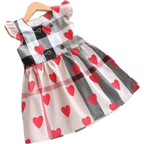 Summer Baby Girls Dress Valentines Day High-Waist Short Sleeve Round Collar Plaid Heart Printed Princess Pleated Fall Dresses