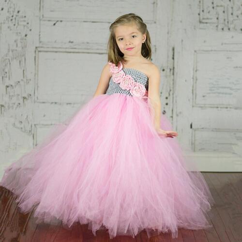 Lovely Girls Pink Tulle Dress Kids Crochet Corset Long Tutu Dress with Rose Flowers Children Wedding Party Costume Banquet Dress