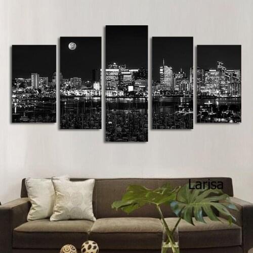 Room Decor Set Canvas Wall Art Painting On Wall Loft 5 Pieces Poster Black and White City Landscape Picture Home Decor