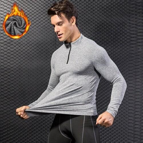 New Men Autumn Winter Gym Fitness Tights With Velvet Quick Dry Mens Running T Shirt Sportswear T-shirts Long Sleeve Sport Shirt