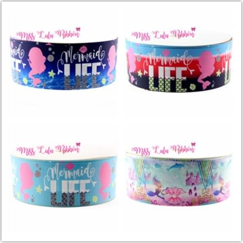 New Style 6mm-75mm 50 Yards Mermaid Life Printed Grosgrain Ribbon Hair Clip DIY handmade hair accessories for girls party