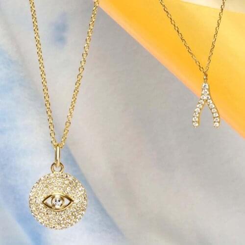 Geometric Round Shaped Cubic Zirconia CZ Cute Lovely Evil Eye Engraved Disco Pendant Necklace 925 Sterling Silver