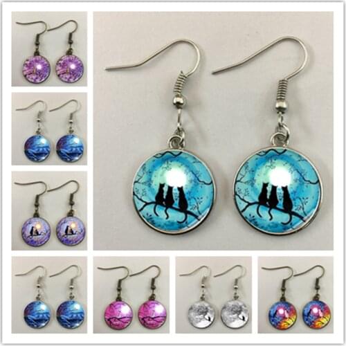 Glass under the night sky cute cat lady pendant earrings fashion pendant earrings new cat glass cabochon lady earrings jewelry