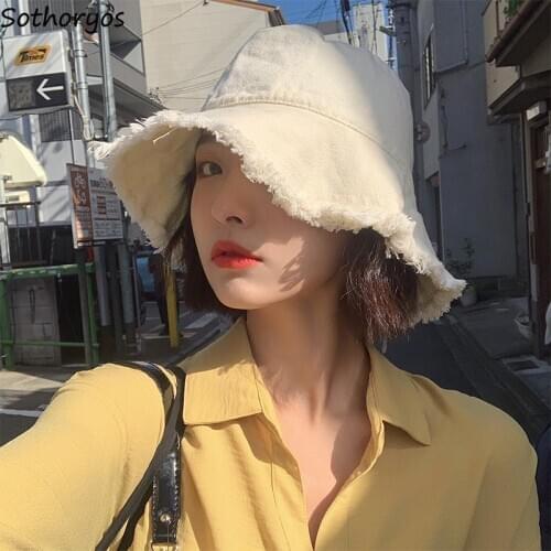 Bucket Hats Denim Summer Women Solid Fur-line All-match Basin Caps Sun-proof Sunbonnet Korean Style 6-color Leisure Students New