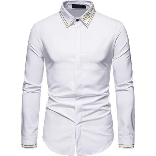 PARKLEES 2021 Autumn Stylish Embroidery Formal Shirts for Men Bridegroom Wedding Slim Dress White Shirt Tuxedo Vintage Clothes