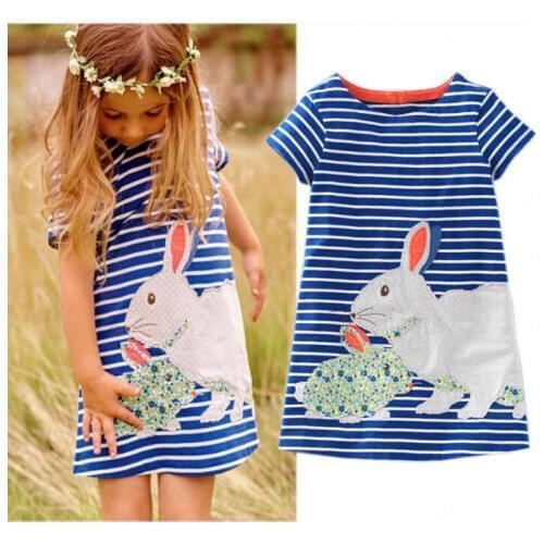 Summer New Baby Girls Dress Lovely Kids Clothes Bunny Navy White Striped Cartoon Tutu Cute Casual Dresses Girls 2-7T