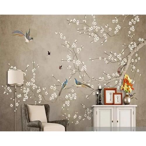 Beibehang Custom wallpaper retro hand-painted flowers and birds TV background wallpaper home decoration living room 3d wallpaper