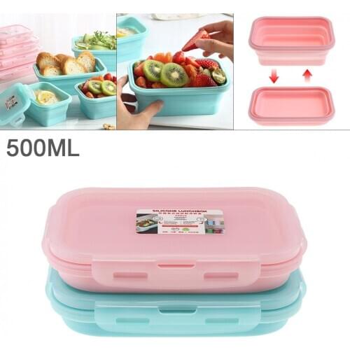 500ML 6 Inch 2 Colors Portable Rectangle Silicone Scalable Folding Lunchbox Bento Box for - 40 Centigrade ~ 230 Centigrade