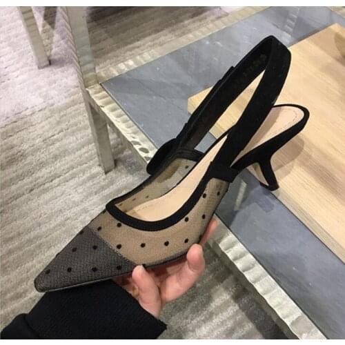 Qianruiti 2018 Women Fishnet Sandals Pointed Toe Kitten Heels Breathable Hollow Out Heels Party Pumps Mesh Sandalia Feminina