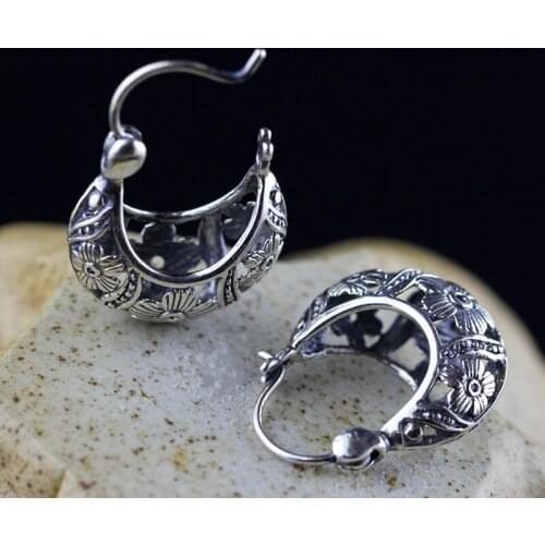 S925 silver jewelry woman earrings handmade female hollow carved retro ear clip