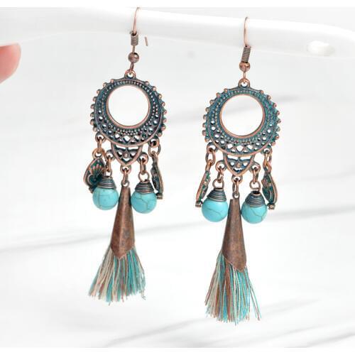 Boho Hollow-carved Earrings Vintage Ethnic Dangle Tassel Earrings For Women Gift Bronze round drop Earrings Wholesale Jewelry
