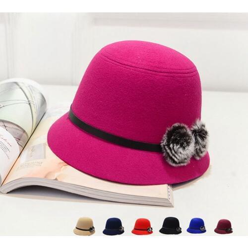 Casual Fashion Queen Pompon Fedoras Autumn Winter Women Felt Hats Faux Wool Bucket Cap for Lady Spring Travel Headdress