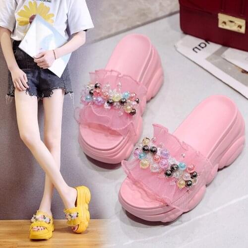 Platform Muffin Slippers Female Summer New Fashionable All-Match Beaded Lace Womens Shoes
