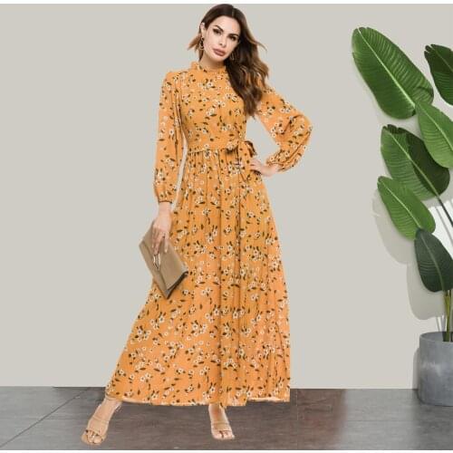 Turkey Muslim Women Dress Women Turtleneck Abaya Slim Floral Printed Lace-up Vestidos Moroccan Kaftan Islamic Clothing Dresses