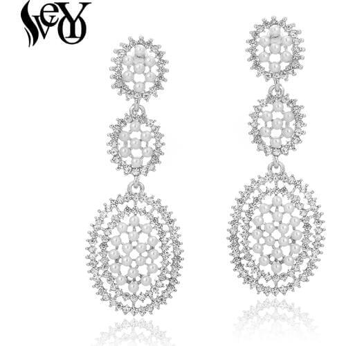 VEYO Vintage Pearl Long Earrings Classic Full Pearl Rhinestone Drop Crystal Earrings for Women Fashion Jewelry Gift