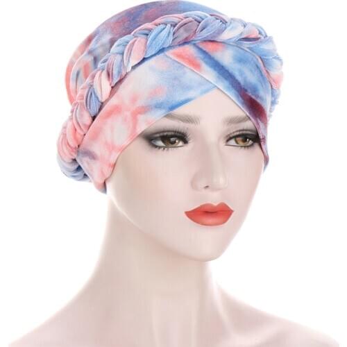 Imixlot New Fashion Muslim Twisted Knot Tie-dyed Brushed Turban Cap Women Elegant Elastic Braid Bonnet Hat Headwear Cover