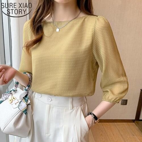 Korean Chic Plaid Loose Blouse Women 2021 Summer Short Sleeve Chiffon Shirts Fashion Ladies Slash Neck Lantern Sleeve Tops 15214