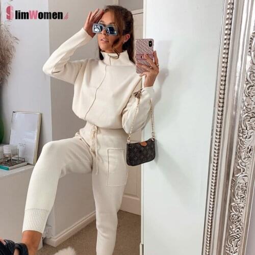 Women Simple Tracksuit 2 Piece Outfits Set Workout Autum Winter Turtleneck Crop Tops + Jogging Sweatpants Women Matching Sets