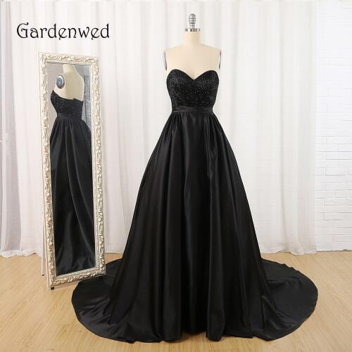 Gardenwed Elegant Long Dress Evening Black New Arrial Real Photos Sweetheart Beading Satin A Line Formal Gowns