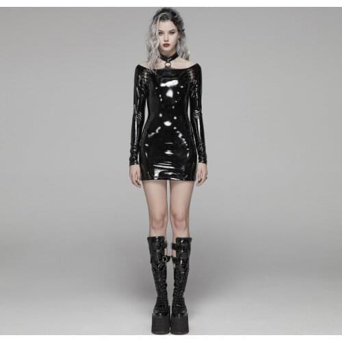 PUNKRAVE Womens Punk Bright PU Over Hip Dress Sexy Off-the-shoulder Fashion Stage Performance Tight Mini Dress