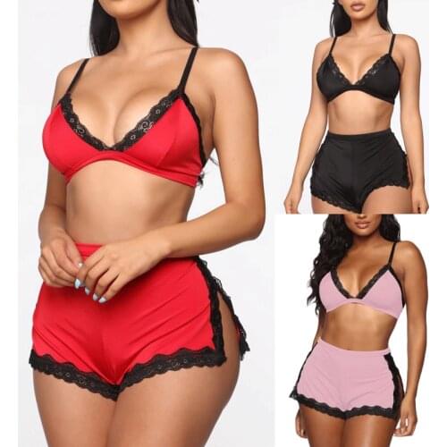 Women Sexy Lace Deep V-neck Lingerie Lace Bra Tops High Waist Split Shorts Set Women Sexy Nightwear Sleepwear