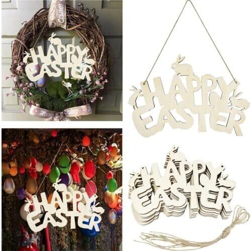 1pc HAPPY EASTER Wooden Hanging Sign Easter Egg Rabbite Party Door Plaque Decor Wood Crafts For Home DIY Easter Wreath Supplies