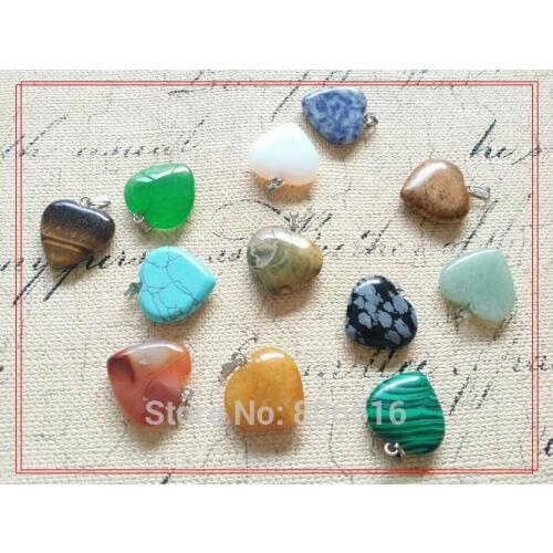 12PCS Heart Style 20MM Mix Natural Semi-precious Stone Jewelry Necklace Pendants