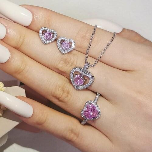 3pcs Pack 100% Sterling Silver jewelry set promise ring stud earring pendant Necklace Valentines Day gift for women J1516-pink