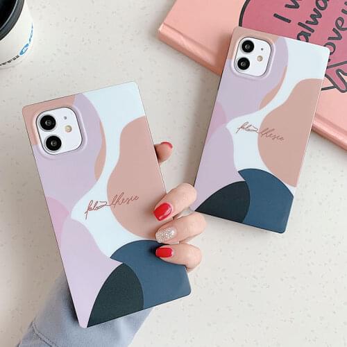 Cute INS Illustration Square Phone Case For iPhone 11 12 11Pro Max XR XS Max 7 8 Plus X 11Pro SE 2020 Ring Holder Graffiti Cover