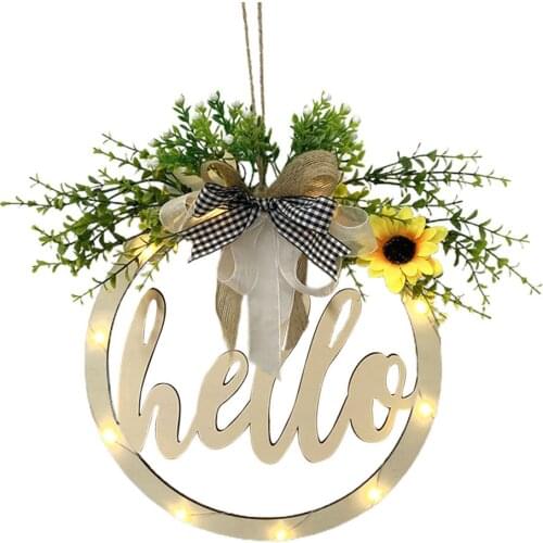 Wreath Illuminated Garland Wooden Sign Door Hanging Hollow Home Welcome Easter Decoration High Quality. Artifical Flower