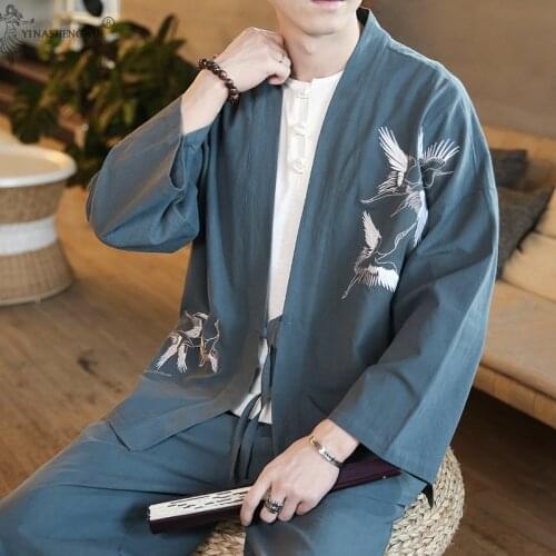 Kimono Cardigan Japanese Style Men Samurai Haori Clothing Crane Embroidery Traditional Vintage Yukata haori men Asian Clothes