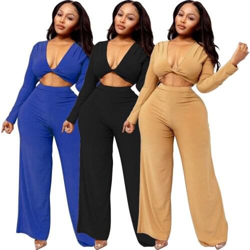 MUDAN Autumn and Winter V-Neck Solid Color Long-Sleeved Personalized Sanded Pants Suit European and American Womens Clothing