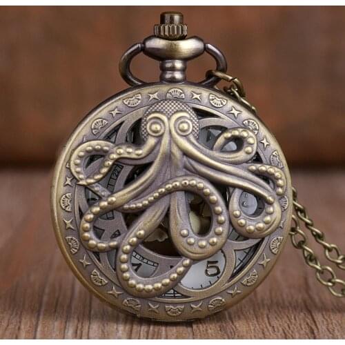 Antique Bronze Black Octopus Hollow Cover Quartz Pocket Watch Necklace Pendant Fob Clock Souvenir Gifts for Men Wome