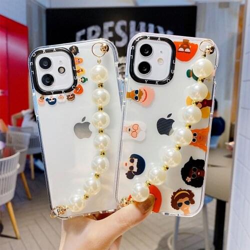 Cute Cartoon Girl Pearls Wrist Chain Phone Case For iPhone 11 Pro Max XR XS Fashion Bracelet Case For iPhone 12 Pro Max Mini