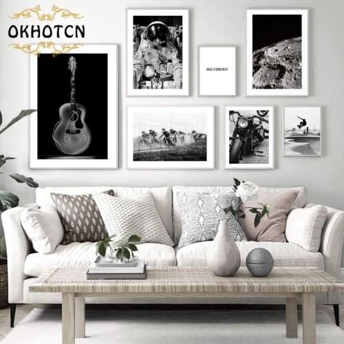 Wall Art Canvas Painting Astronaut Moon Guitar Motorcycle Nordic Posters And Prints Vintage Wall Pictures For Living Room Decor