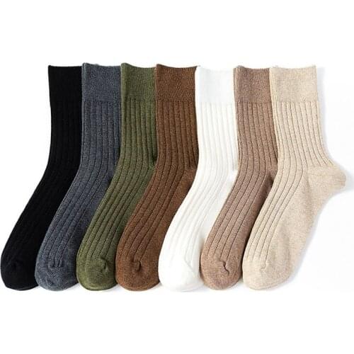 1Pair Breathable Men Crew Socks Cotton Pure Color Autumn Winter Striped Pattern Casual Style Mid Tube Socks Nice Gift